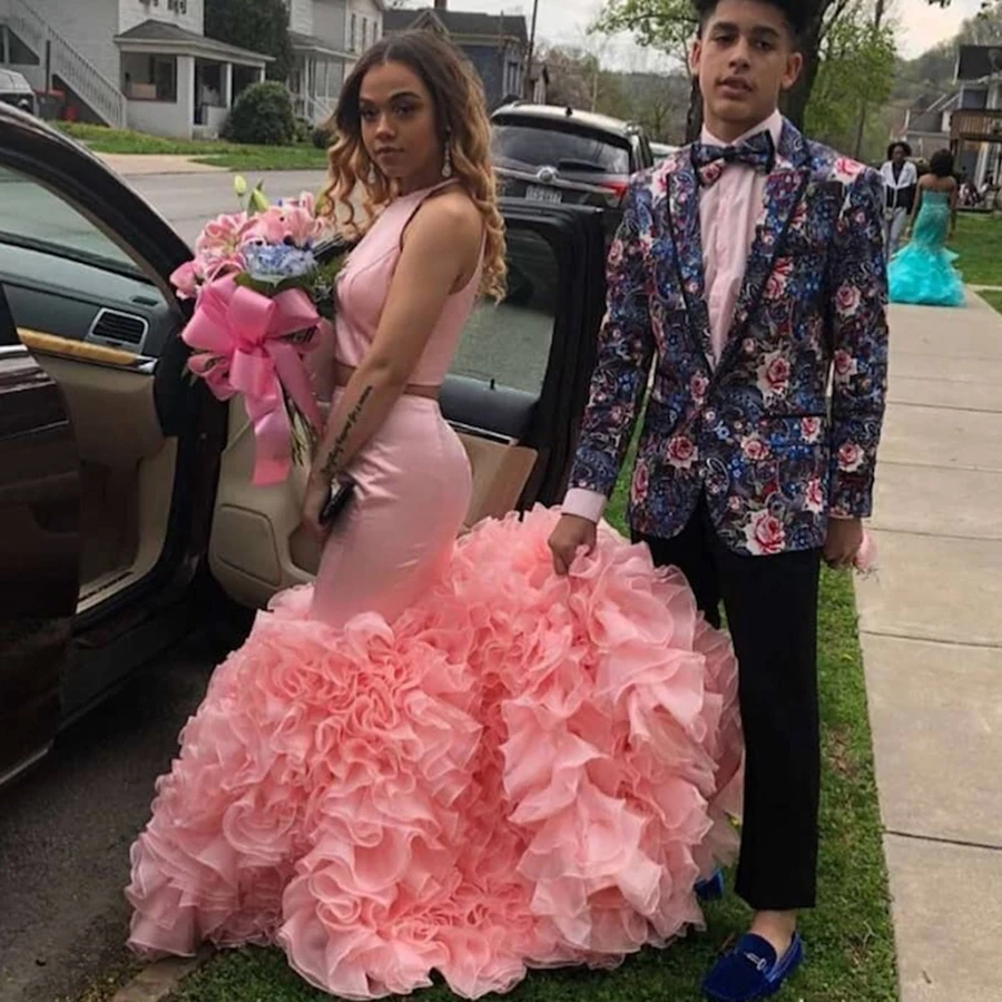 Pink Two Piece Prom Dresses 2019 Satin Flowers Mermaid Ruffles Formal Evening Party Gown Plus Size Special Occasion Dress DP0283 | Свадьбы и