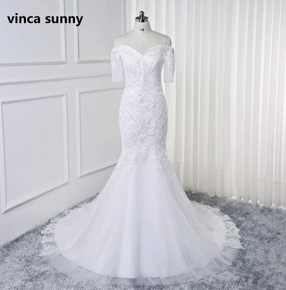 

Vestido De Noiva Sweetheart Off Shoulder Mermaid Wedding Dresses With Half sleeve Shiny Lace Bride robe de mariage sirene