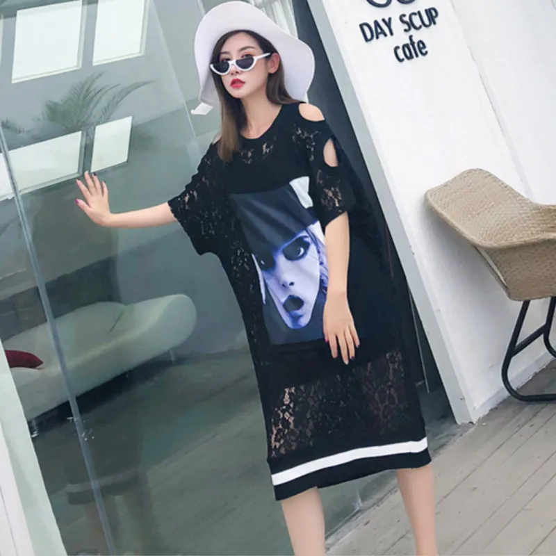 Vefadisa Appliques Dress for Women 2018 See-Through Clothing Off Shoulder Black Lace Short Sleeve Plus Size AD1638 |