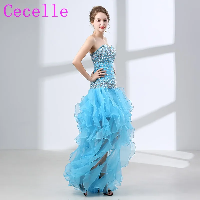 Blue High Low Short Cocktail Dresses 2019 Sweetheart Ruffles Organza Skirt Teens Informal Prom Gowns Custom Made Real | Свадьбы и