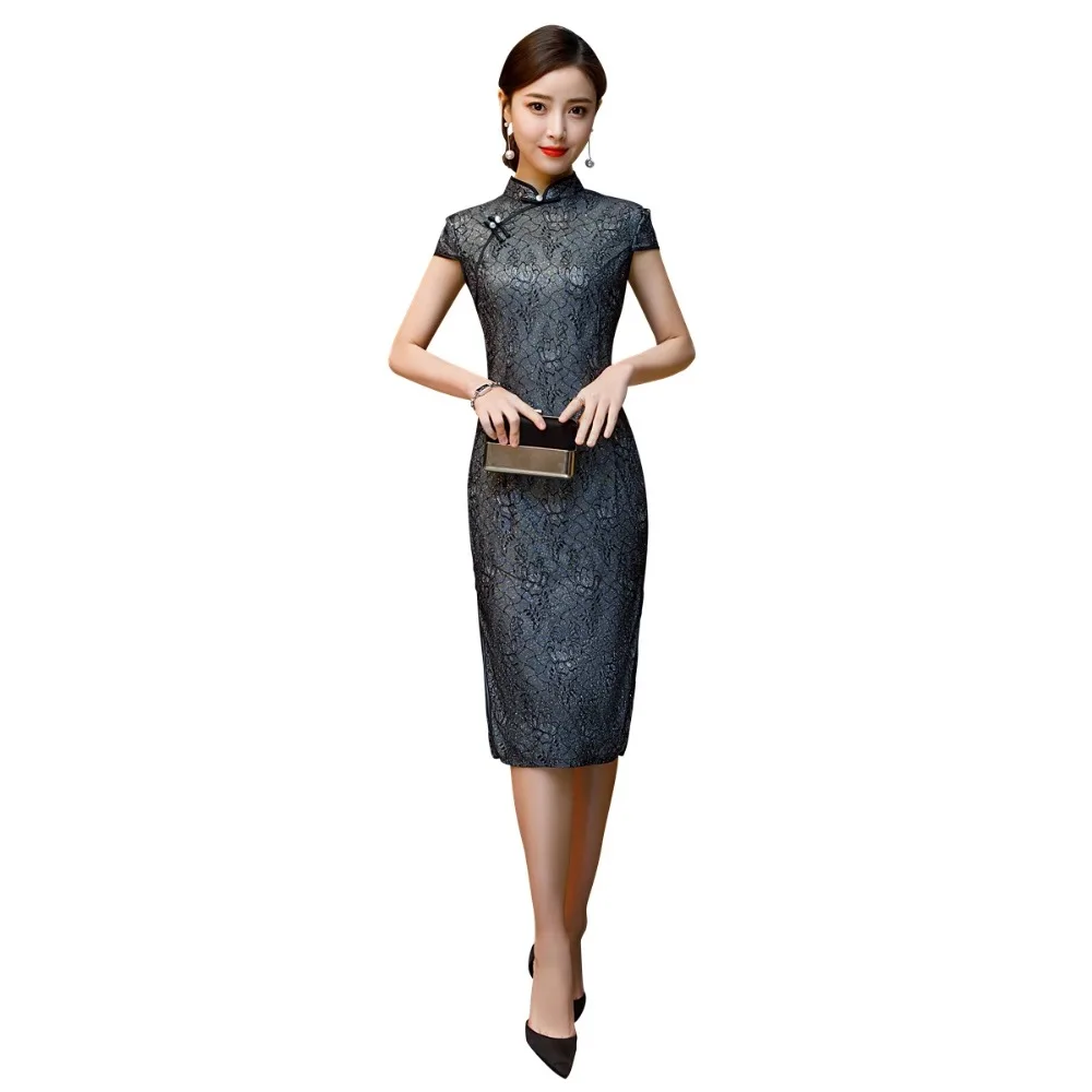 Шанхай история короткий рукав кружева Qipao длиной до колена Cheongsam платье китайское