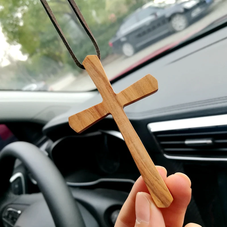 Подвесное зеркало заднего вида из оливкового дерева с подвеской God Jesus Cross