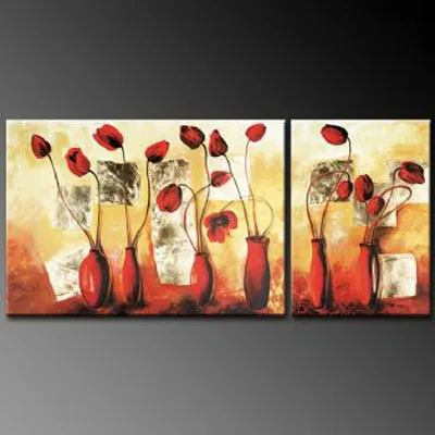 

2 pcs Hand Painted Canvas Painting-Six Vases With Red Tulips-Modern Canvas Art Wall Decor-Floral Oil Painting Wall Art
