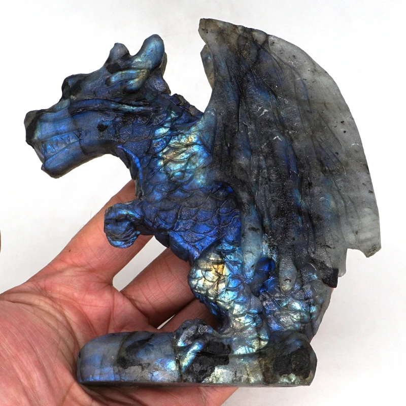 

Wing Dragon Figurine Natural Labradorite Hand-Carved Statue Crafts Home Office Decor 5"
