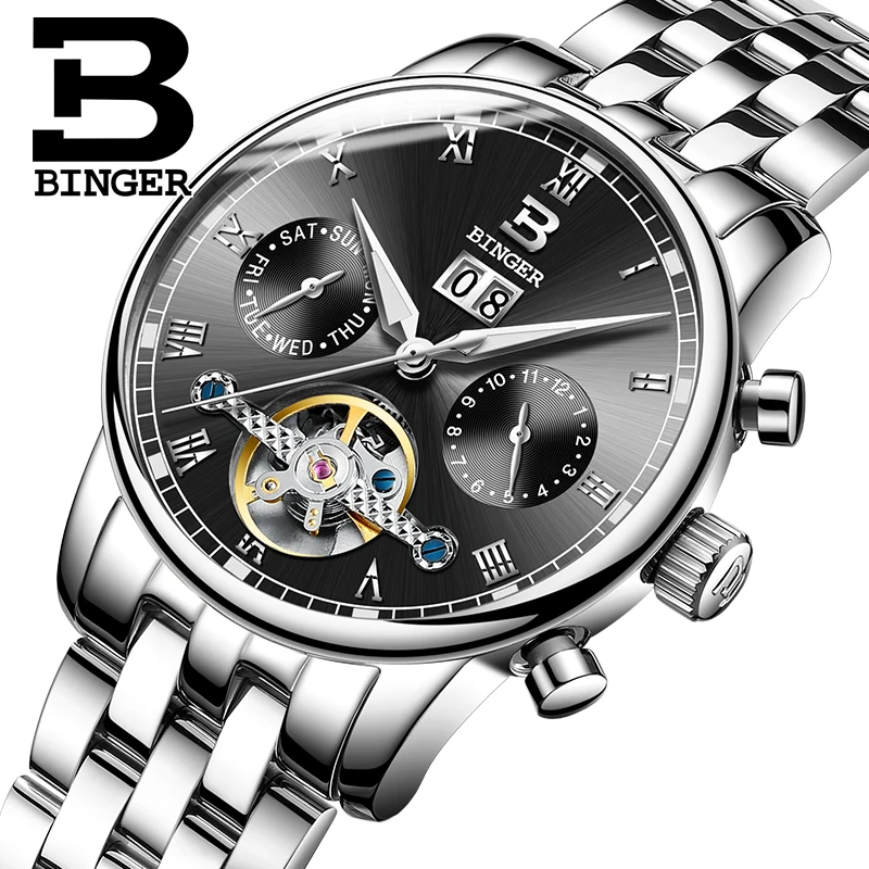 

Switzerland BINGER men's watch luxury brand Tourbillon fulll stainless steel water resistant Mechanical Wristwatches B-8604-3