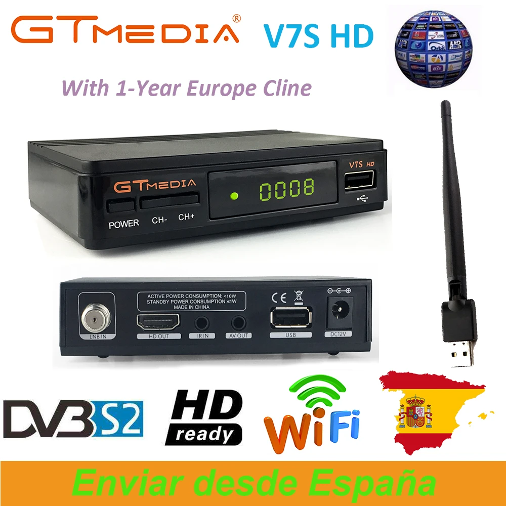 GTMedia V7S HD приемник DVB S2 FTA спутниковый ТВ с 1 год 7 Клинок + шт. USB WIFI 1080P LNB Испания
