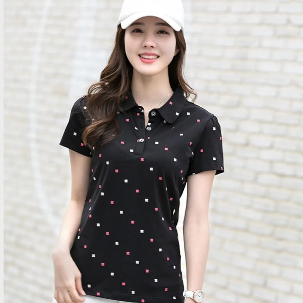 Black polo BabYoung/Летние повседневные женские топы поло, хлопковые рубашки поло с принтом, женские поло с отложным воротником, рубашка с длинным рукавом, 4XL - Цвет: Black polo