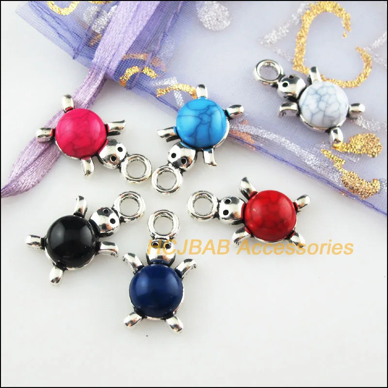 

12Pcs Tibetan Silver Color Tortoise Mixed Stone Charms Pendant 14x23mm