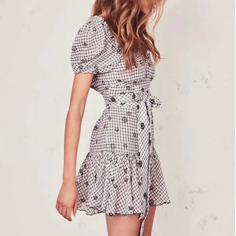 TWOTWINSTYLE Summer Plaid Print Women Dress V Neck Puff Sleeve High Waist Lace Up Slim Mini Dresses Female Fashion Clothes