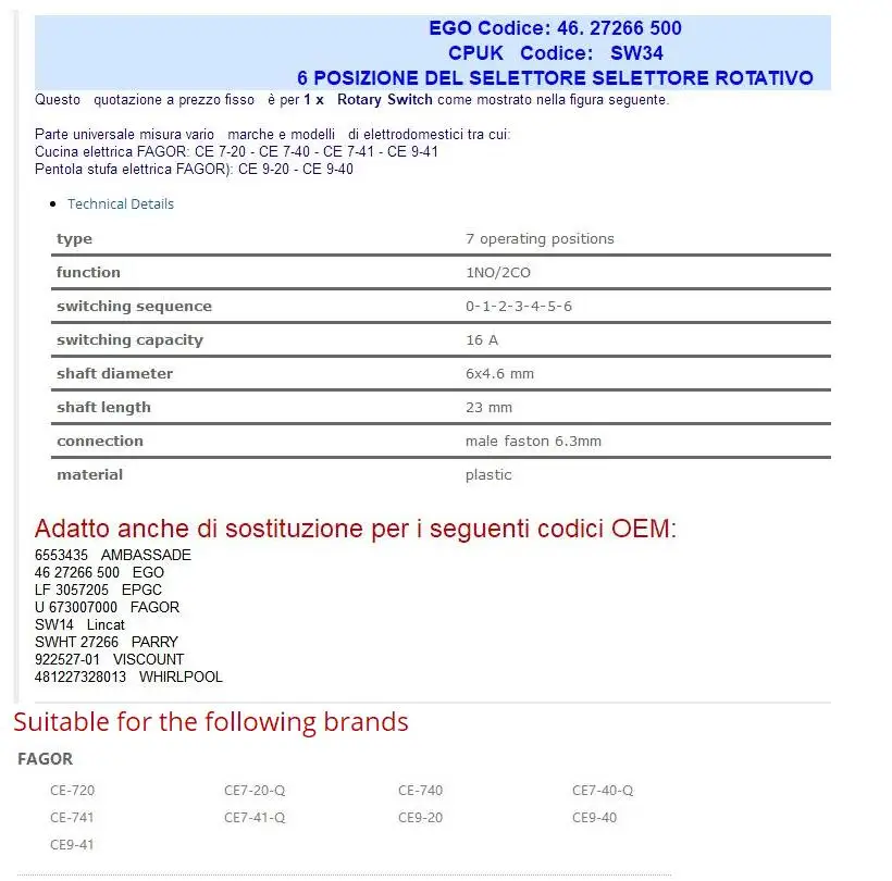 EGO 46,27266.500 6 POSIZIONI SELETTORE ROTATIVO 4627266500 SEI WAY SW34
