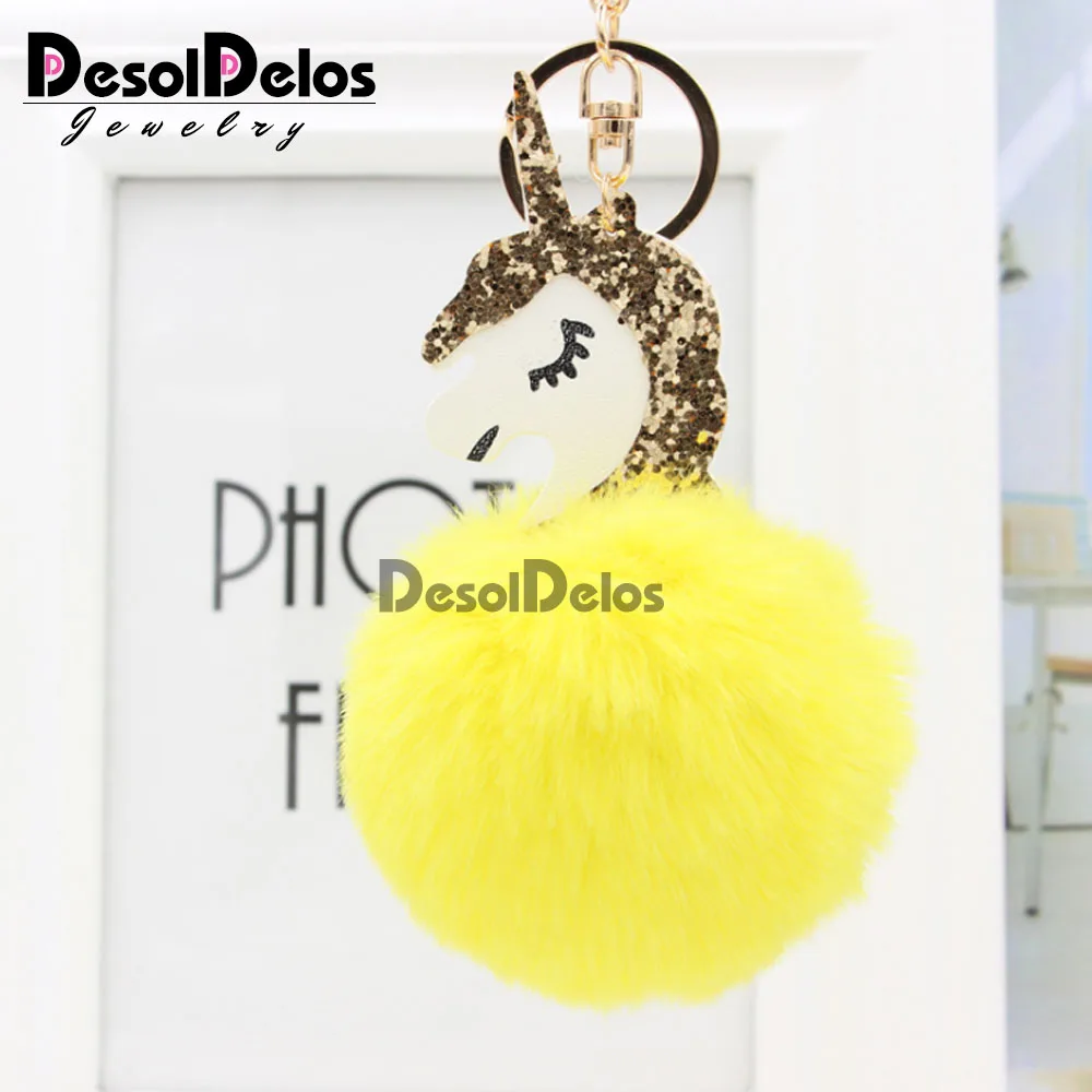 

Pompom Unicorn Keychain Colorful Pom Poms Fake Rabbit fur ball Fluffy licorne Key Chain Horse porte clef Wome Bag Car Keyring