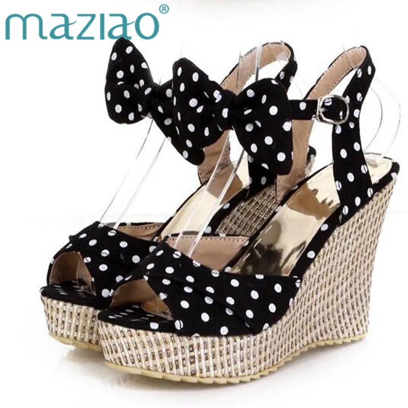 Женские туфли в горошек MAZIAO красные синие на платформе с открытым носком