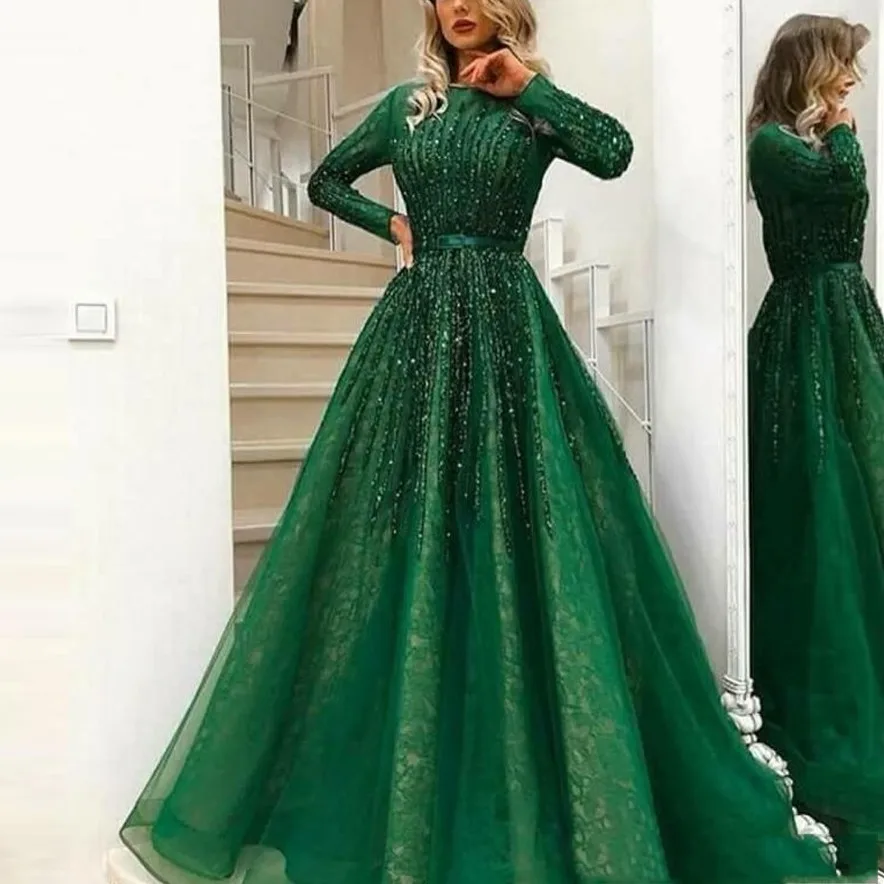 

vestido de festa longo Green Evening Gowns Sexy Long Sleeve robe de soiree Arabic Formal Dresses Beads abiye Custom Formal Dress