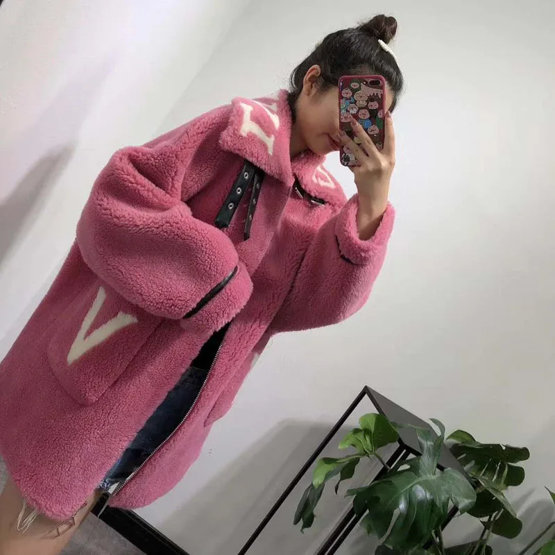 women winter jacket new female sheep fur coat plus size wool blends parka real fur Moto& Biker pink clothes Letter Pattern