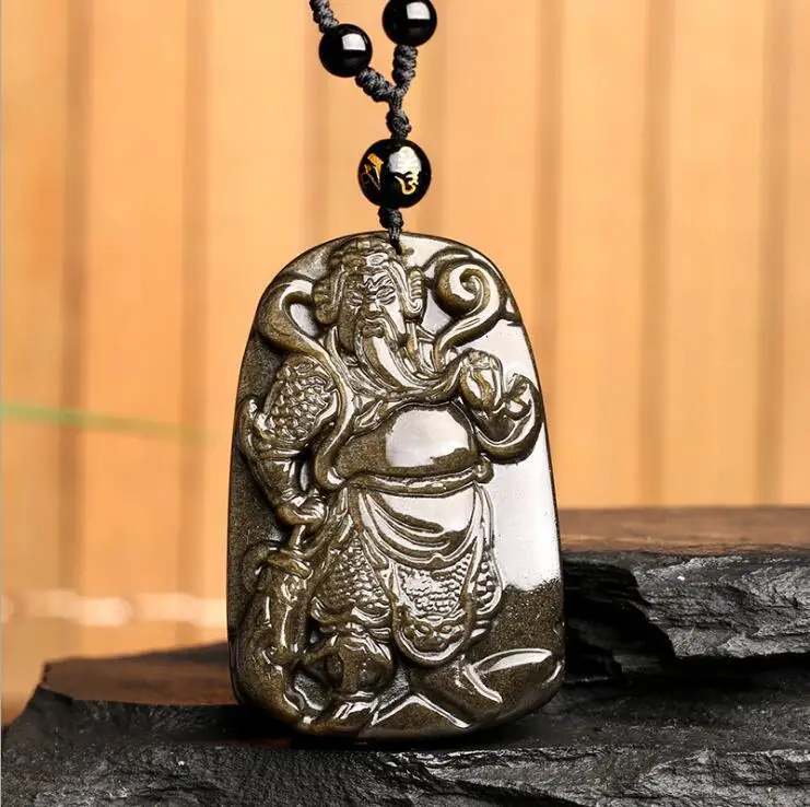 Китайский 100% натуральный Золотой обсидиан камень Гуан Гонг Ю амулет