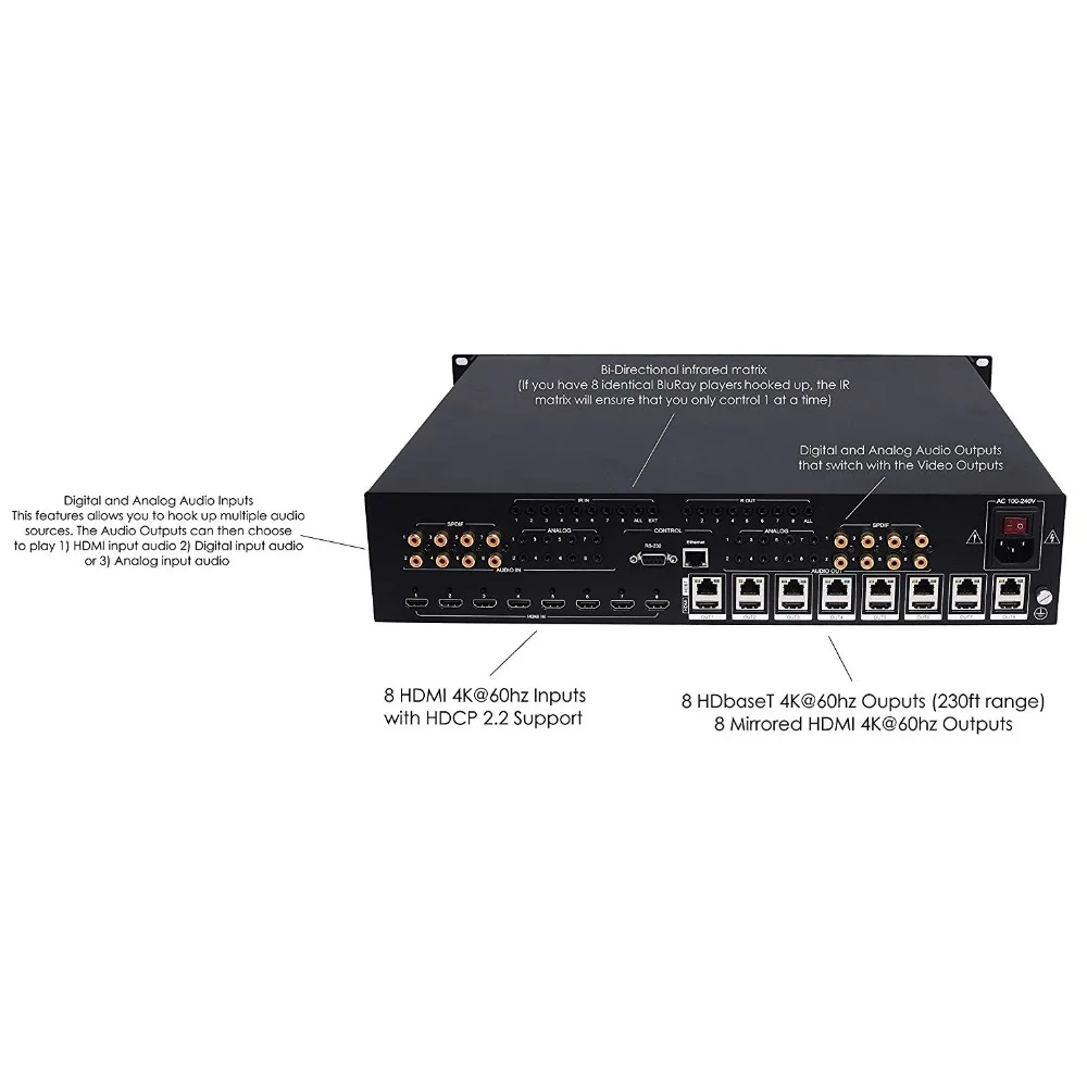 PUZHIJIE HDbaseT 4K 60hz 8X8 HDMI MATRIX SWITCHER with 8 Receivers &amp Audio Matrix CAT6 CAT5e HDCP2.2 Support RS232 control - купить по