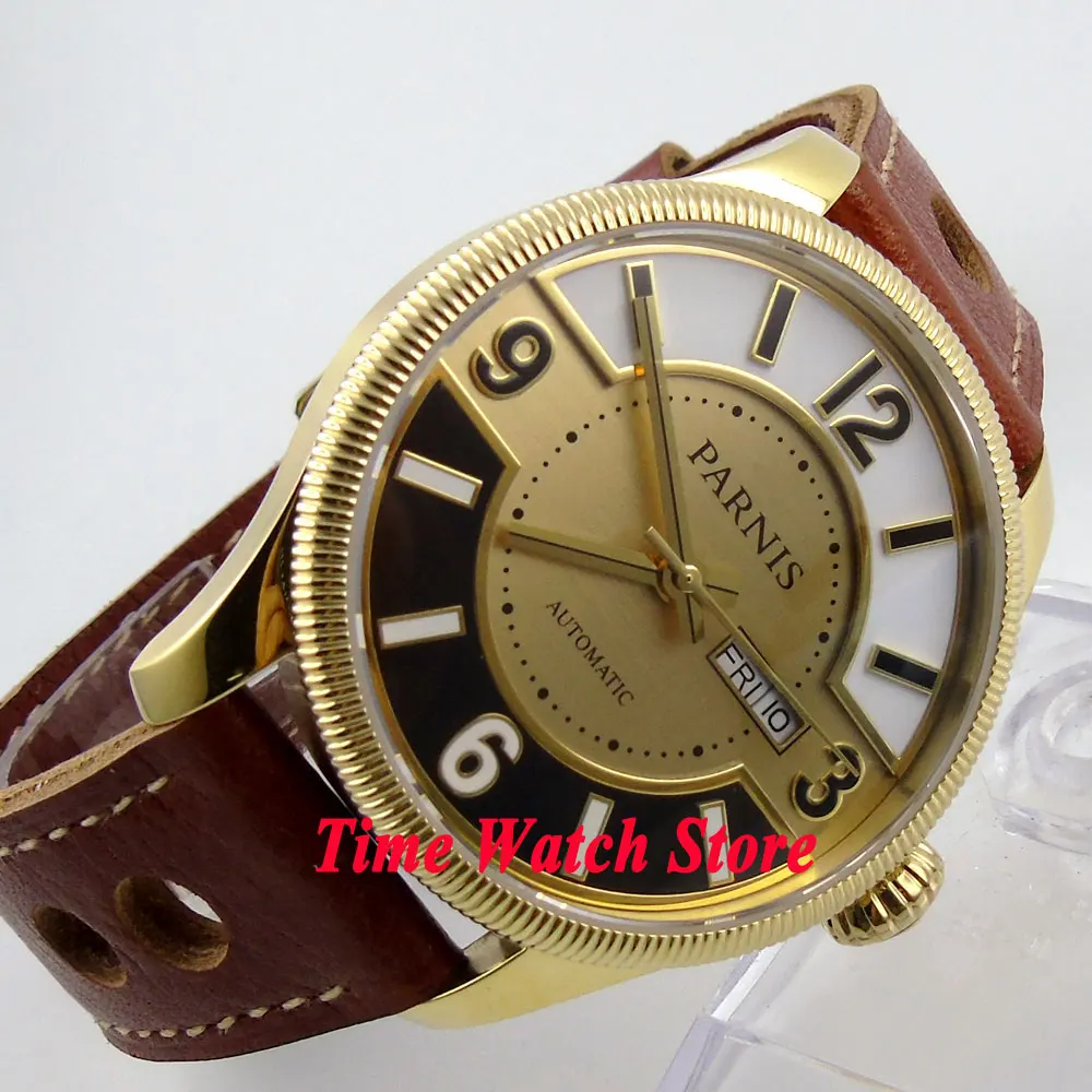 Мужские автоматические часы с золотым циферблатом и сапфировым стеклом 42 мм |