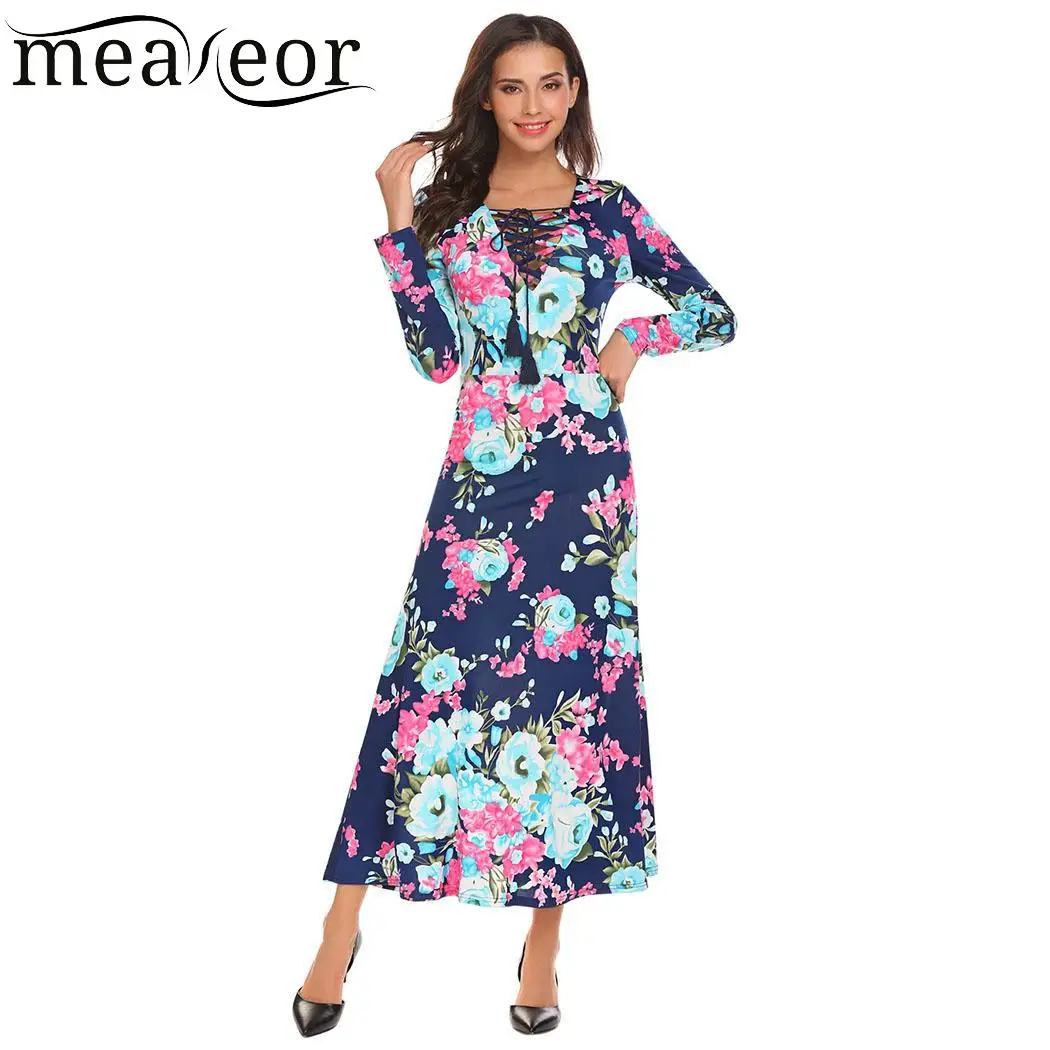 meaneor Loose Fashion V-Neck Long Sleeve Floral Women Maxi Dress | Женская одежда