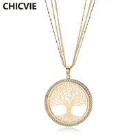 chicvie gold tree of life necklace pendants women long display jewelry necklace for womens chain statement necklace sne180006