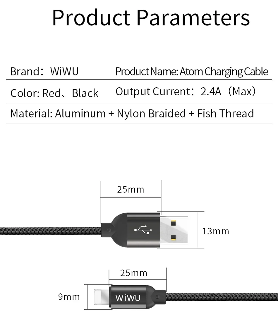 WIWU кабели для мобильных телефонов для быстрой зарядки Lightning 2,4 A USB кабель для передачи данных для iPhone X 8 8P 7 6 6S 5 se USB C кабель