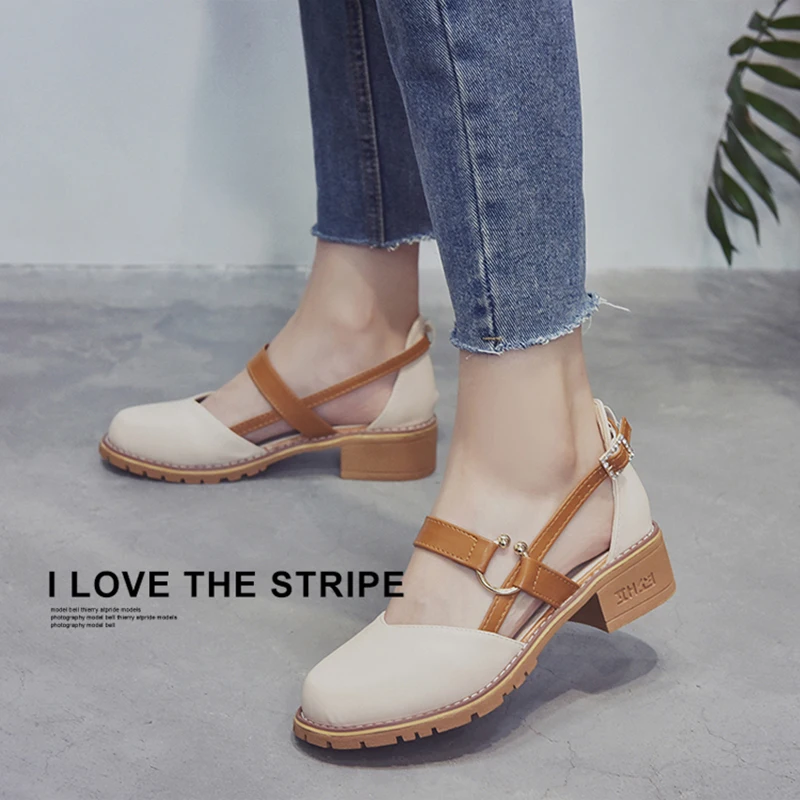 

Closed Toe gladiator sandals mid-high heel fairy shoes woman retro chunky flats hollow out flip flop ladies slipper summer shoes