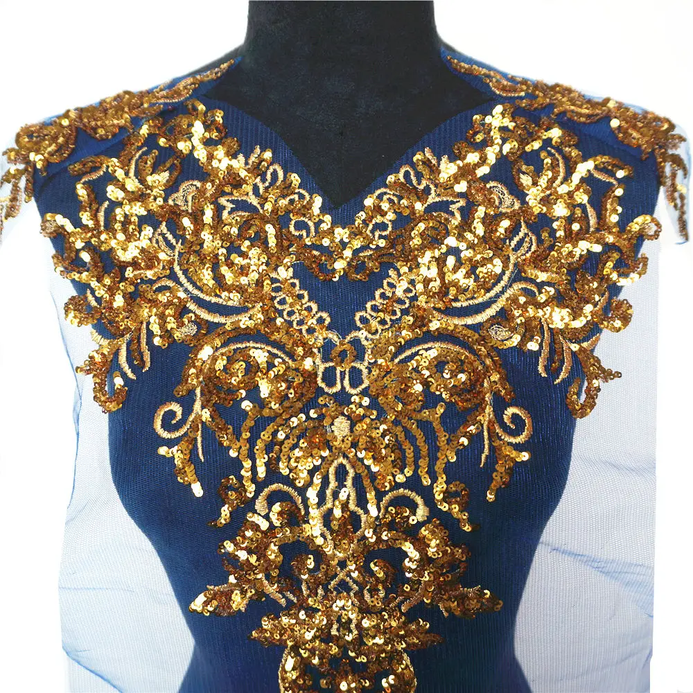 1 комплект Золотая расшитая блестками аппликация синяя сетка Epaulette вышивка