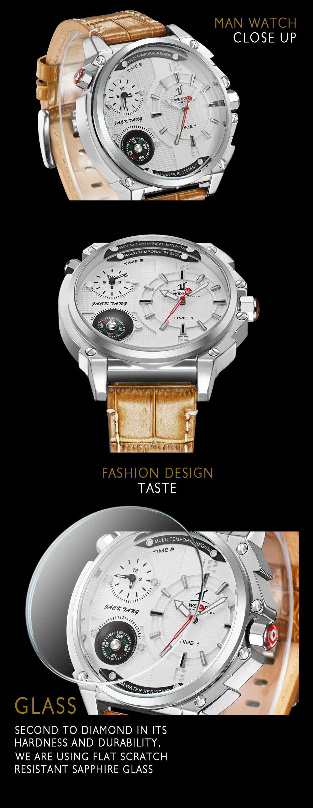 WEIDE спортивные роскошные часы с несколькими часовыми поясами, кварцевые мужские наручные часы с коричневым кожаным ремешком, мужские часы, мужские часы orologi uomo