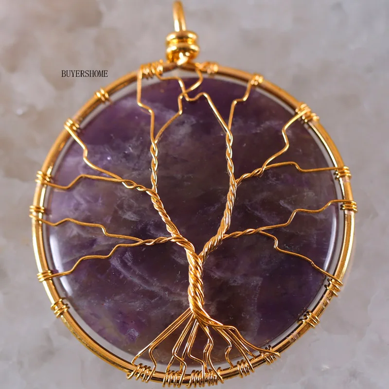 Amethyst "Древо жизни" проволочный обруч медь натуральный круглый Абалон раковина Опал Кристалл зеленый авантюрин оникс Родонит тигровый глаз кулон 1 шт - Окраска металла: Amethyst
