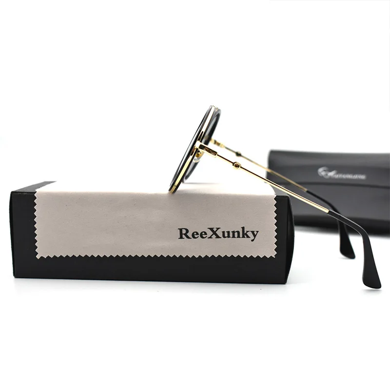ReeXunky, круглые солнцезащитные очки для женщин, Двойные Лучи, металлическая оправа, Ретро стиль, солнцезащитные очки, классический дизайн, подходят ко всему, зеркальные оттенки, козырек, Oculos Top