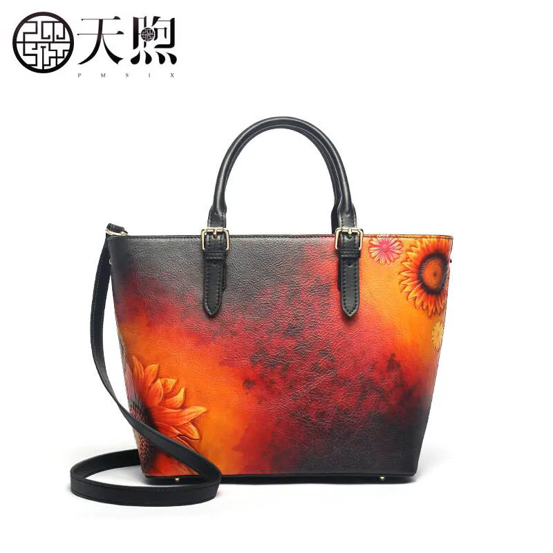 Pmsix high quality fashion luxury brand first layer cowhide handbag 2019 new national wind leather large capacity | Багаж и сумки