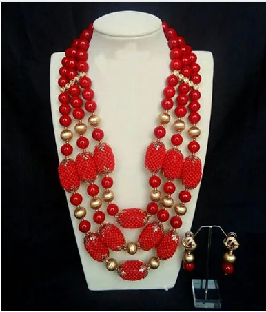 2017 красный комплект ювелирных изделий с африканскими бусинами, свадебное элегантное Золотое массивное ожерелье, серьги, набор, подарок под...