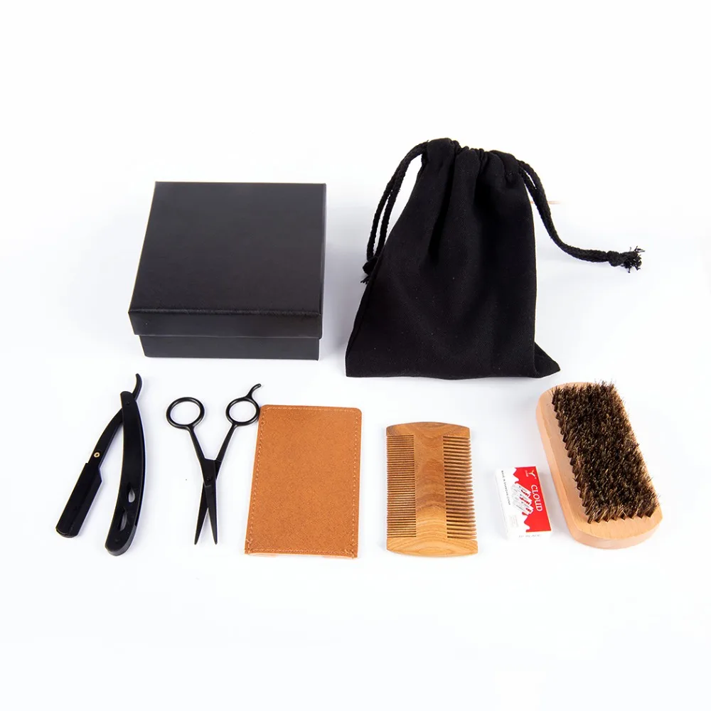 ZY Beard Grooming Kit For Men Boar Bristle Brush+Beard Scissors+Straight Edge Razor+Double Edged Hair Comb+Bag Perfect Gift | Красота и