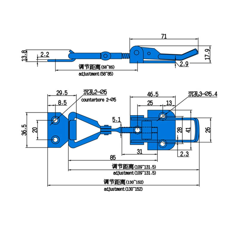 Регулируемая Рычажная защелка с голубым цинковым покрытием 2 шт. максимальная
