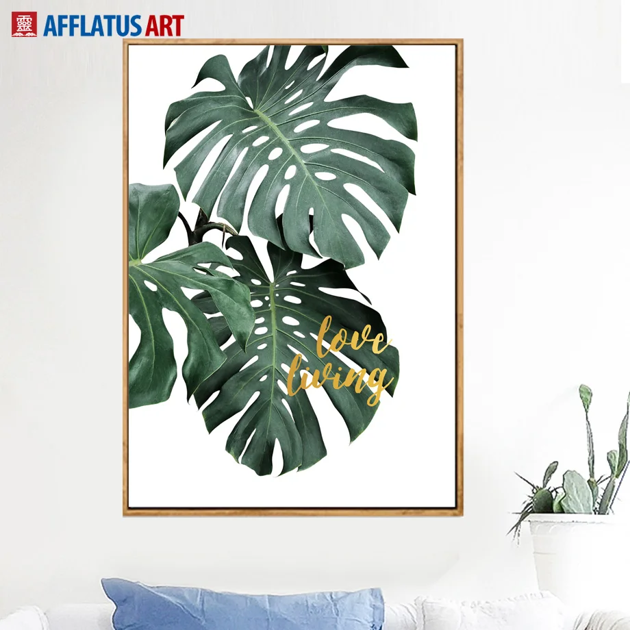 Тропический зеленый Monstera листья художественная стена с цитатой Холст Картина