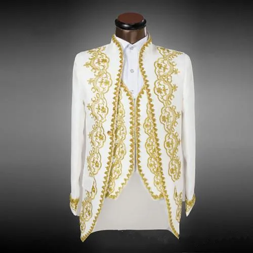 2016 SexeMara Роскошный Белый Slim Fit Смокинги Groom С Золотой Вышивки Двубортный