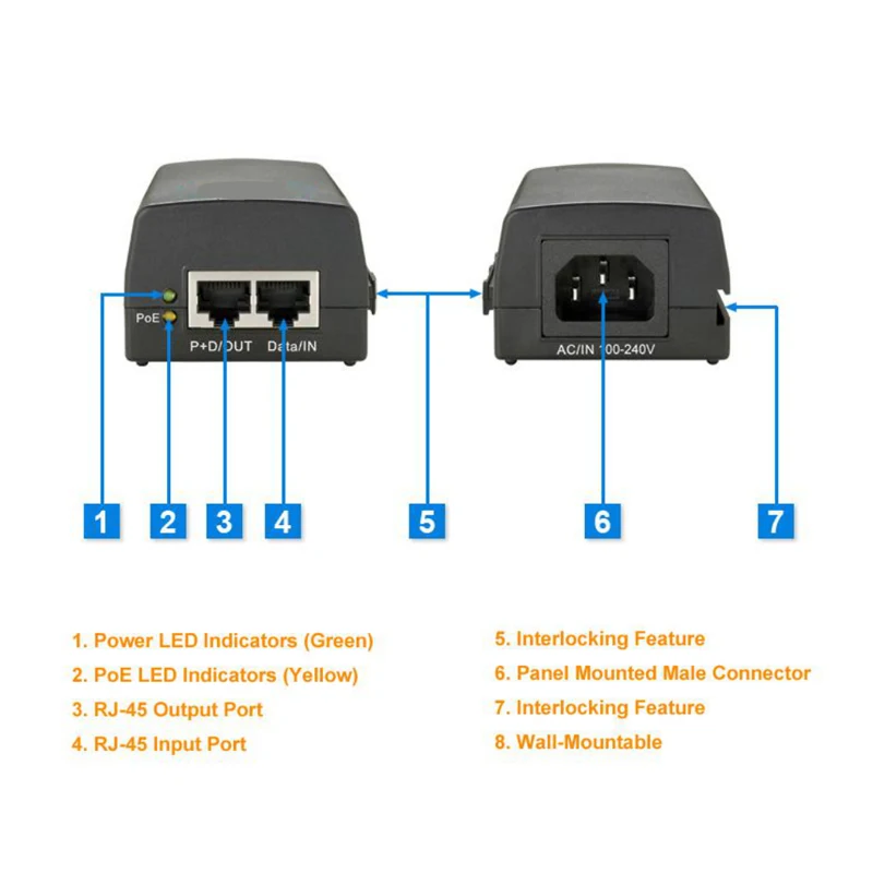 Новый Инжектор POE IEEE 802.3af/at с одним портом 10/100/1000M 30 Вт питанием по Ethernet гигабитным