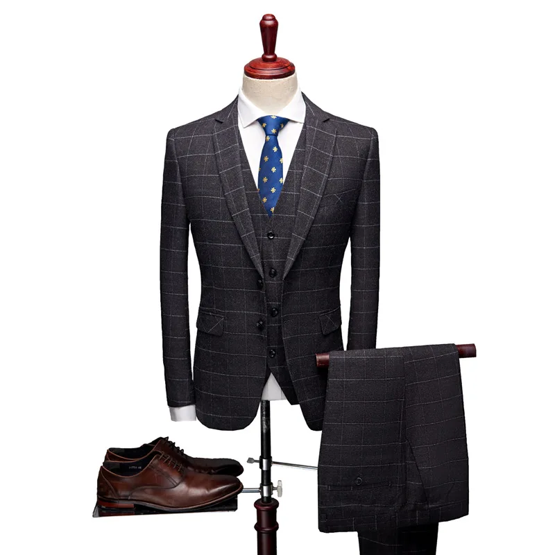 2019 строгие костюмы мужской смокинг Мода сетка полоса Мужская Slim Fit деловой