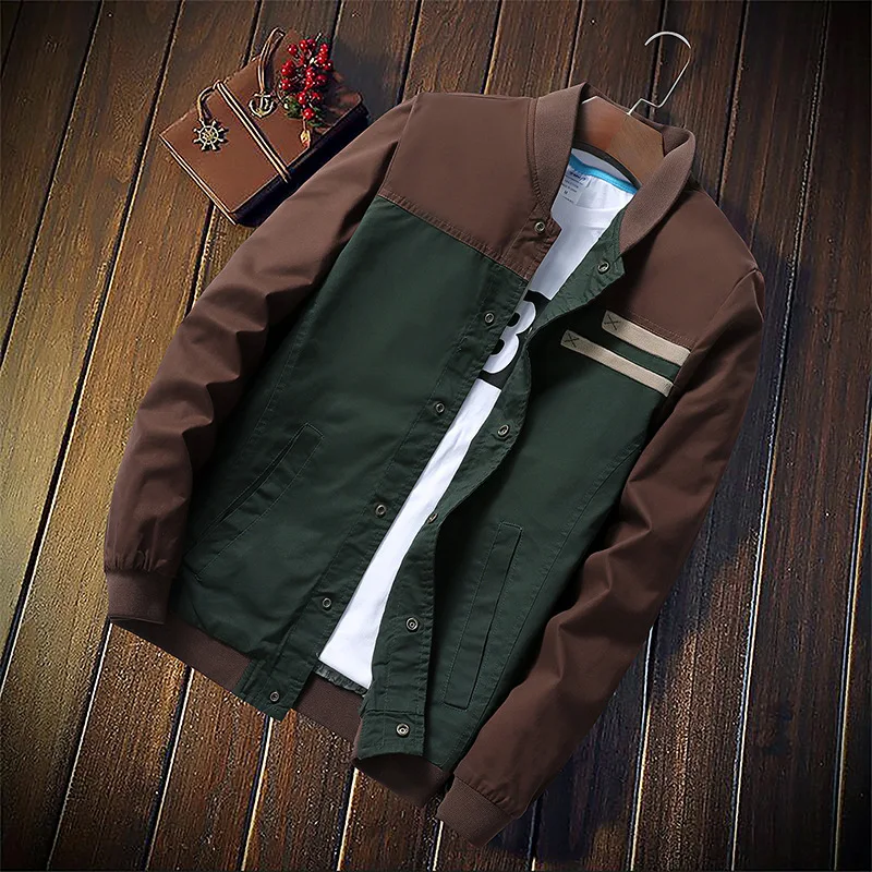 

Korean Men's Jacket Patchwork Casual Single Breasted New Paragraph Color Matching Stand Collar Coat Mens Baseball Uniform M-5XL