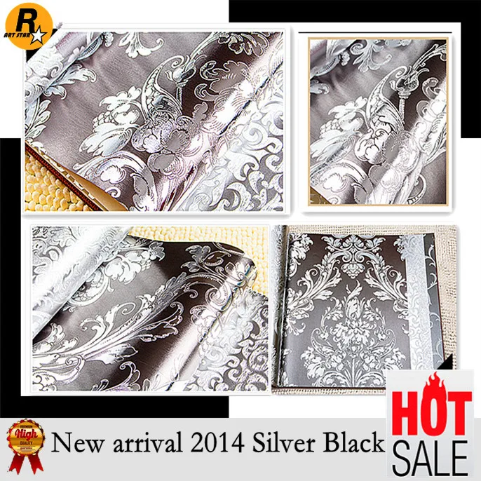 

FREE SHIPPING 2016 NEW STYLE black and silver Damascus, European-style TV background wall foil wallpaper wall covering