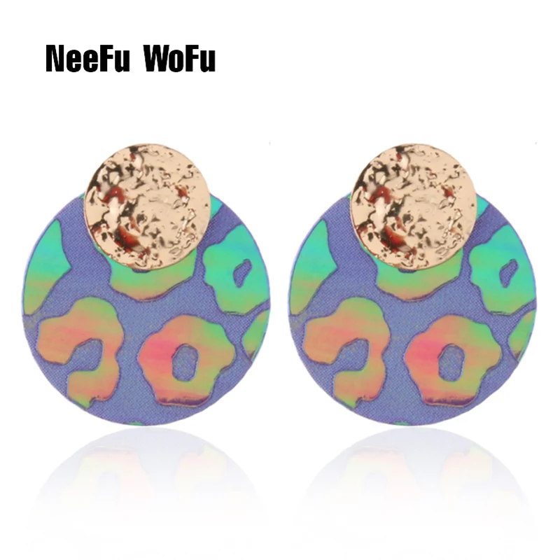 purple NeeFu WoFu, блестящие кожаные серьги, брендовые большие серьги для женщин, медные серьги, круглые серьги, Oorbellen, леопард - Окраска металла: purple