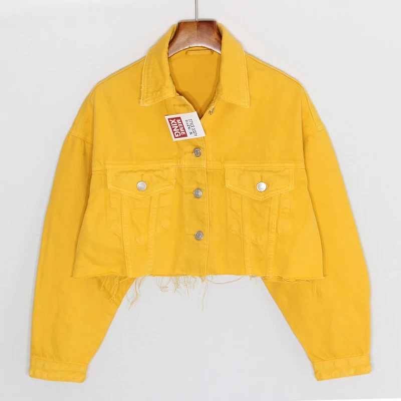 Women High Waist Basic Versatile Fashion Yellow Denim Jacket Long sleeve Jeans Short Coat Big size Loose Outerwear | Женская одежда