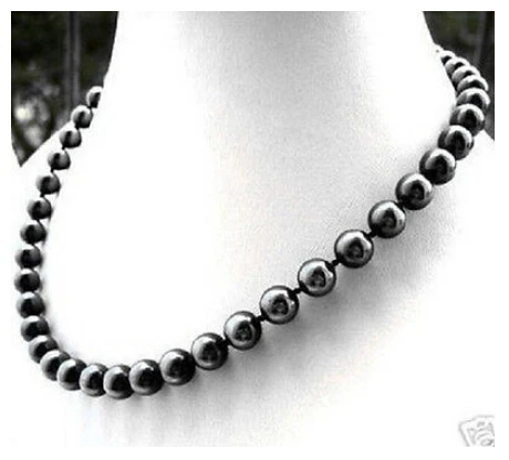 100% Настоящее 10 мм черное жемчужное ожерелье с морской ракушкой 18 дюймов AAA стиль