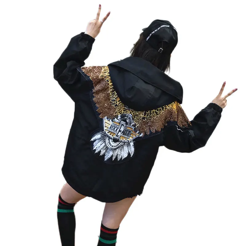 2018 Демисезонный орел узор sequiened пальто Для женщин одноцветное куртка с капюшоном