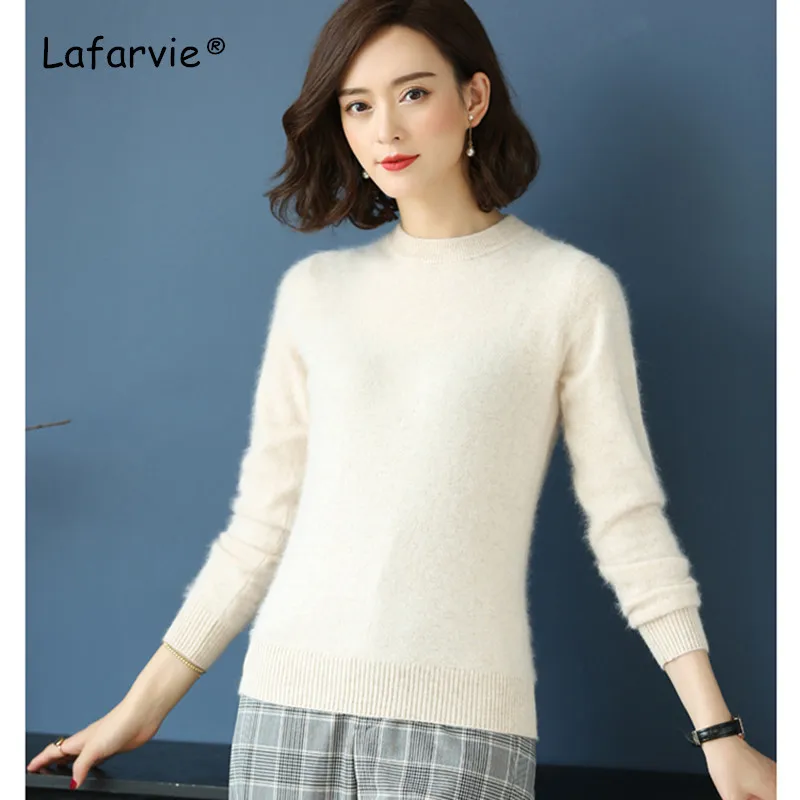 Lafarvie Autumn Winter O-Neck Knitted Mink Cashmere Sweater Women Tops Long Sleeve Warm Pullover Female Solid Color Basic Sweter | Женская