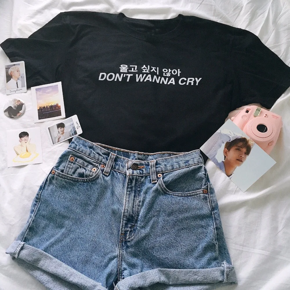 Женская футболка с принтом надписи Don't Want Cry черная белая из чесаного хлопка