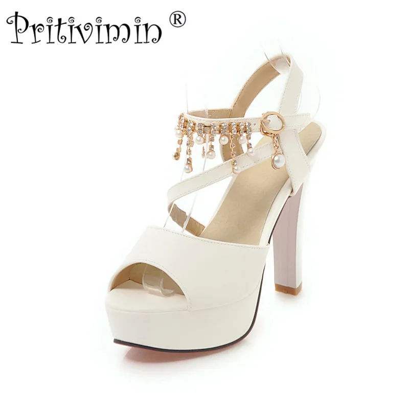 Pritivimin FN181 summer sandals laidies string bead beep toe t-strap thick heels wedding fashion shoes big size 32~46 | Обувь