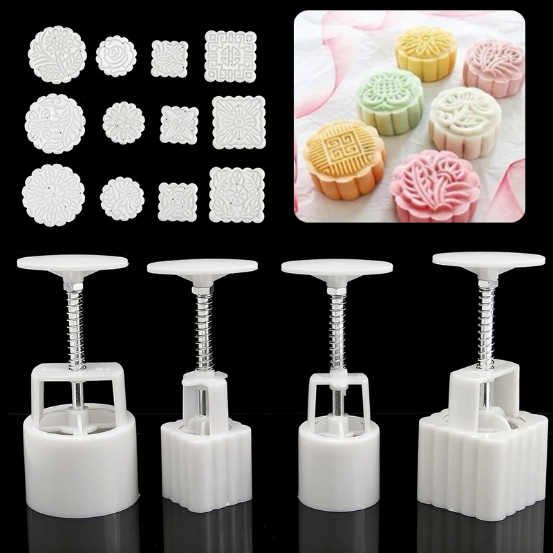 

JX-LCLYL 12PCS 4 Style Petals Templates Moon Cake Mould Round Square Mooncake Tool