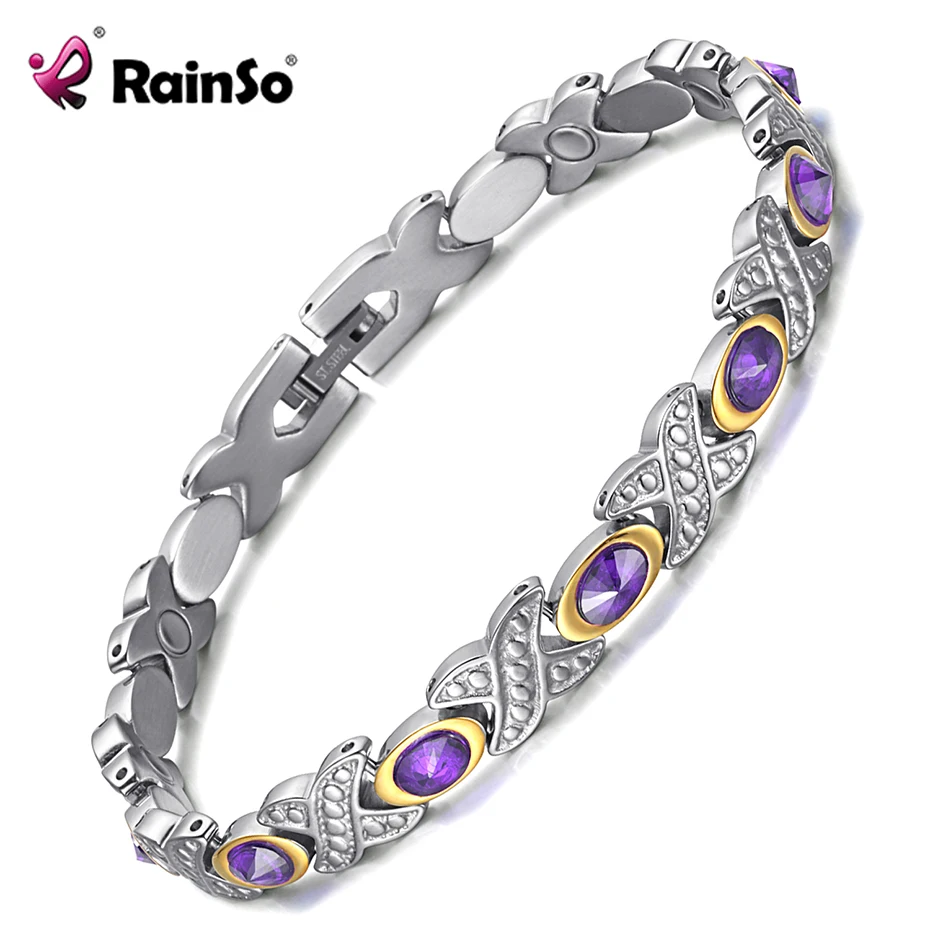 Браслет с фиолетовым камнем от RainSo, магнитный браслет с биоэнергией для здоровья, браслеты с подвесками из нержавеющей стали, модные ювелирные изделия для женщин и девушек
