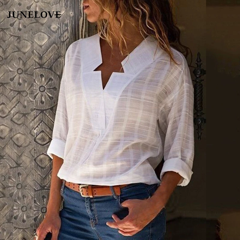 JuneLove 5XL плюс размер Blusas Mujer De Moda 2019 Женские топы и блузки модные рубашки с v