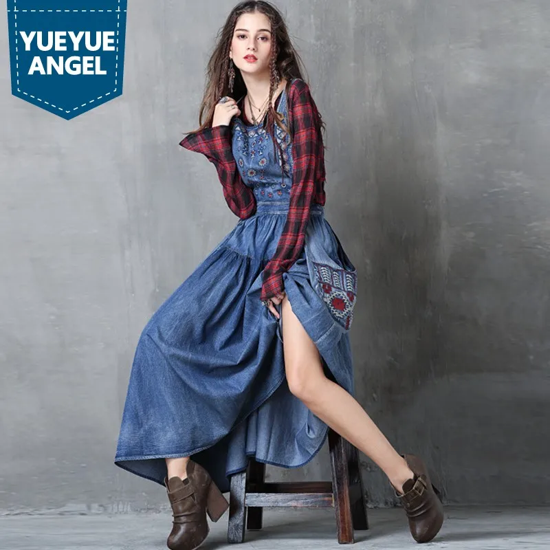 Длинное платье с высокой талией винтажное вышивкой по щиколотку|dress jeans|robe femmeankle